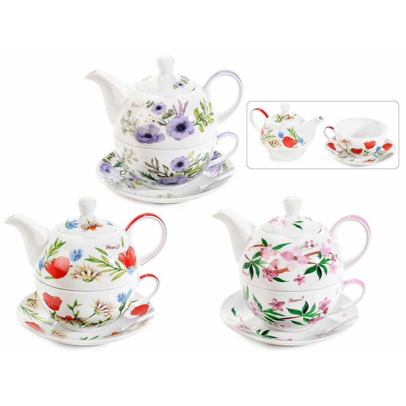 Set tazza tè con piattino e teiera porcellana decorata Michelle H&H